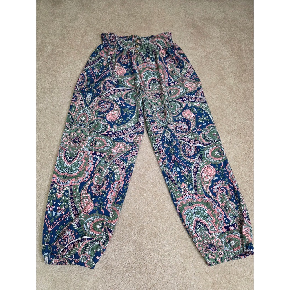 Boho Paisley Smocked Waist Jogger Pants Navy Pink Green XL